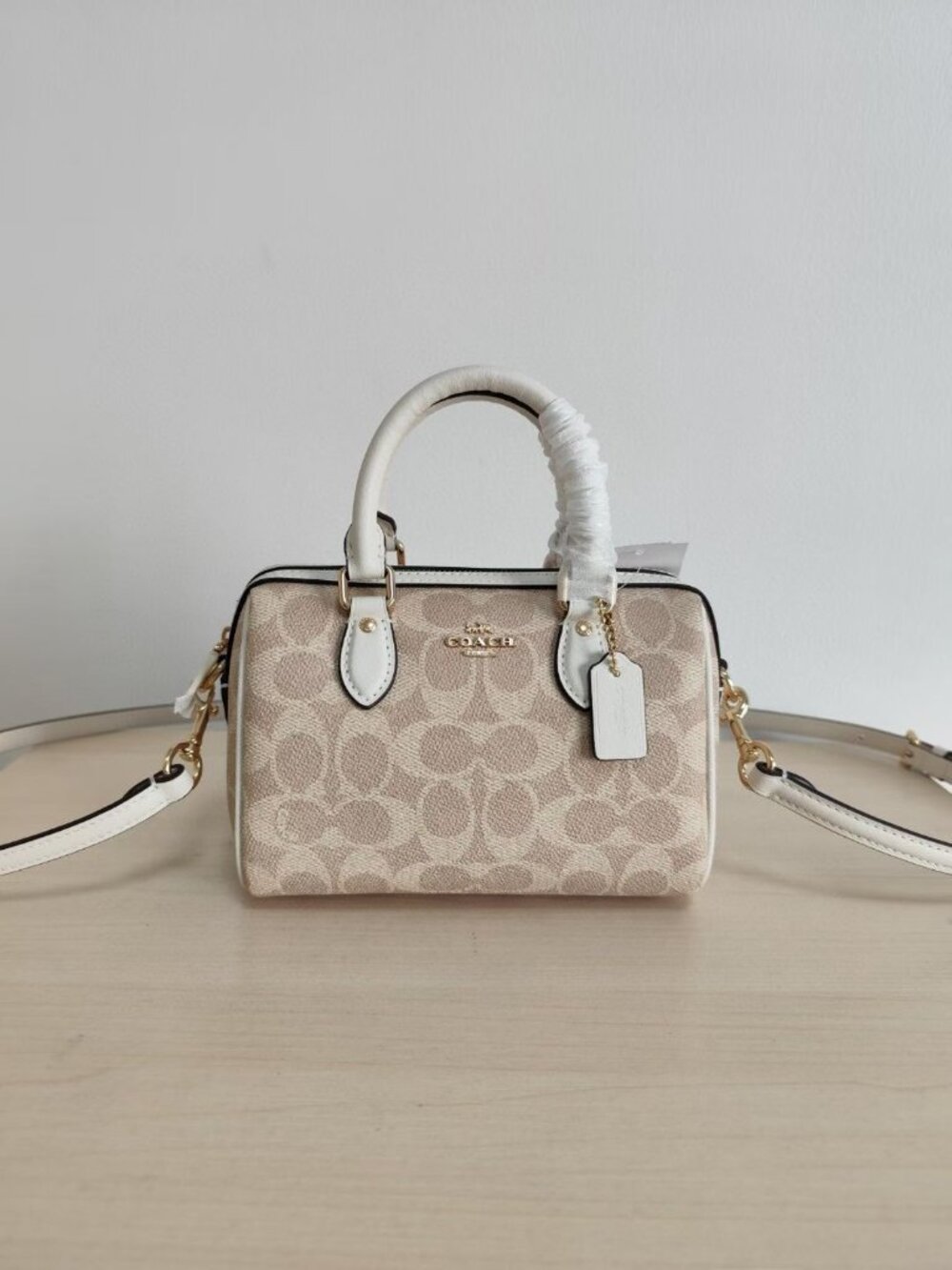 ✨Coach Mini Rowan Satchel Beige Signature C Canvas White Trim Crossbody Bag